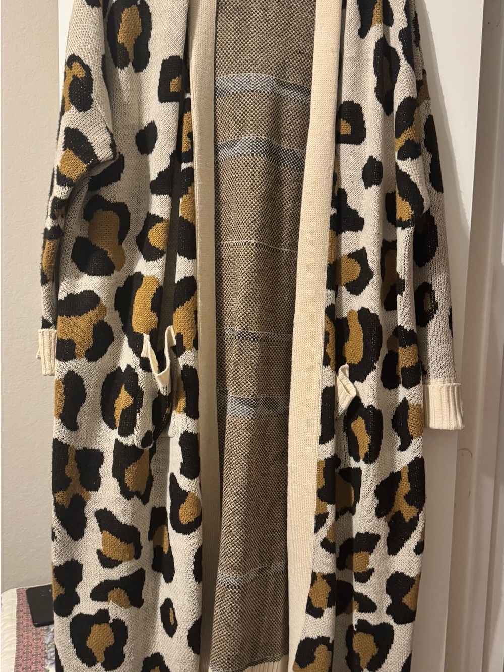 Ashley Stewart Cream Leopard Print Open-Front Long Cardigan